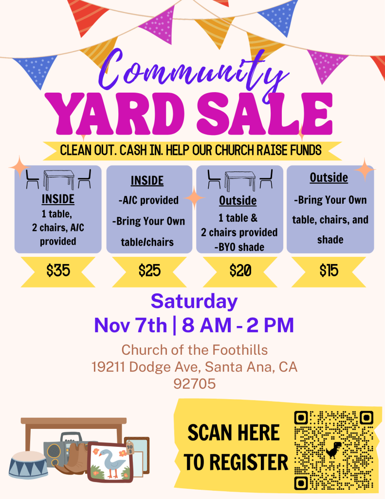 Our community yard sale is November 7, 8 AM - 2 PM, 2026.